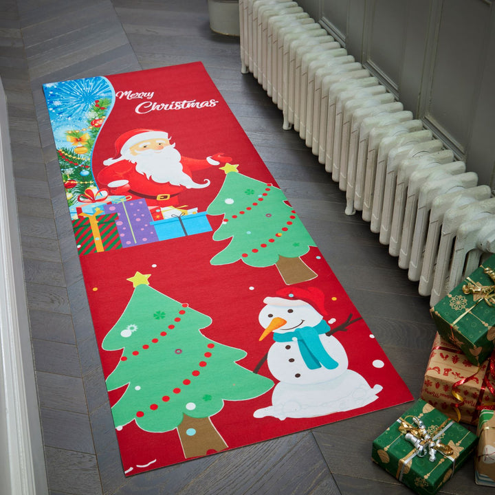 An elegant red carpet runner adorned with charming Santa and Snowman figures, measuring 180x60cm.