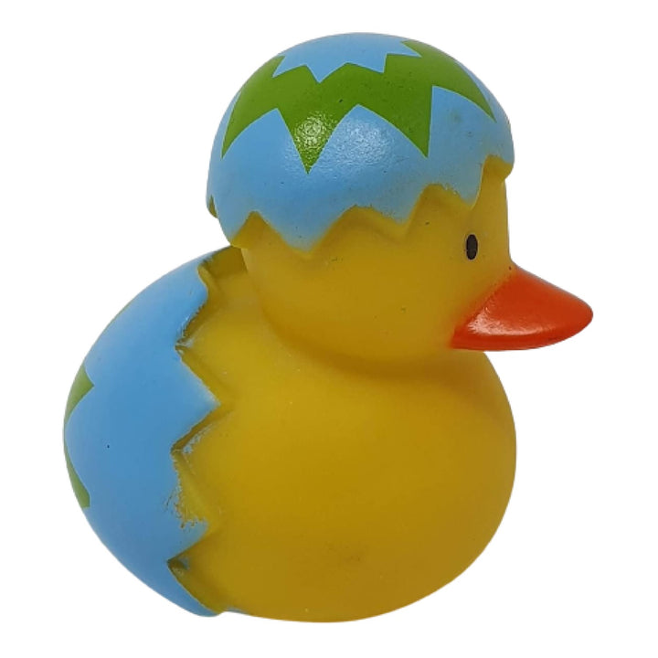 Close-up of an Easter-themed rubber duck, suitable for infants during bath time.