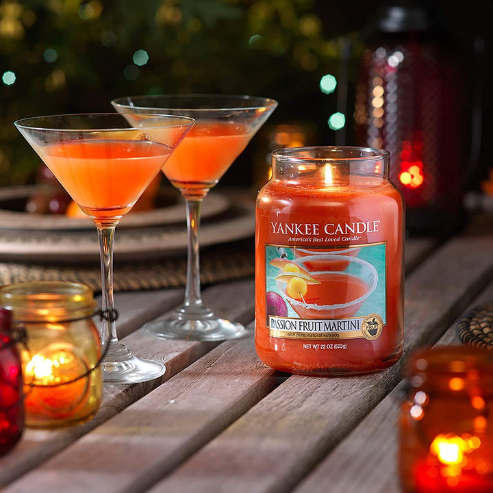 Yankee Candle's Passion Fruit Martini jar, a generously sized scented candle with an impressive 150-hour burn duration.