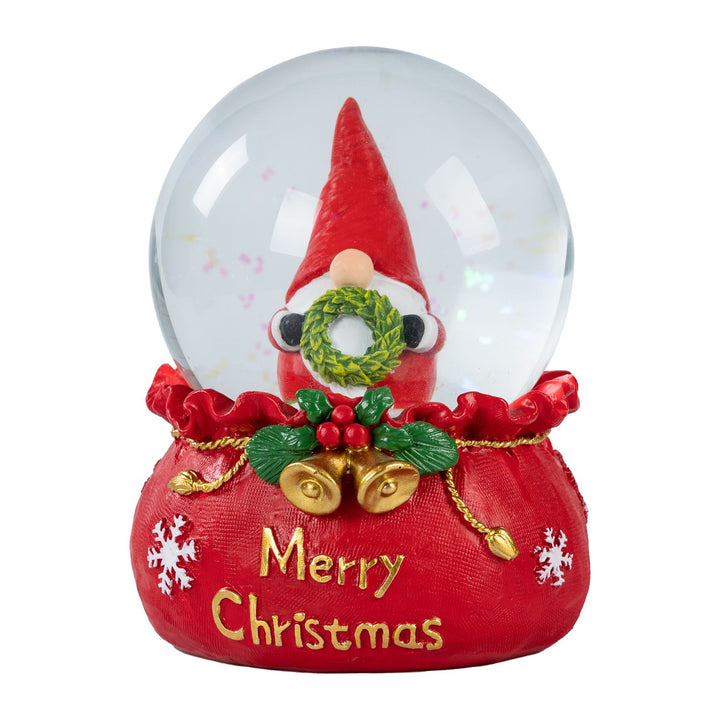 A close-up view of the charming Gonk and Wreath scene inside the Glass Snow Globe, creating a festive ambiance with LED lights and falling snow.