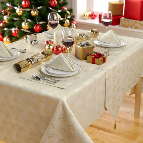 Festive Table Setting for 4-10 Guests: Metallic Deer Christmas Tablecloth & Napkins