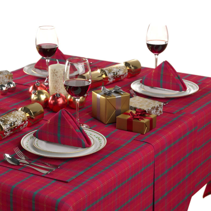 A complete set of Metallic Tartan Tablecloth, Runner, and Napkin Sets by Celebright.