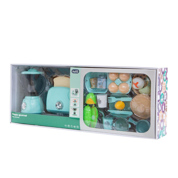 A collection of accessories including bread slices, eggs, cups, pots, pans, and cutlery for interactive and imaginative cooking play.