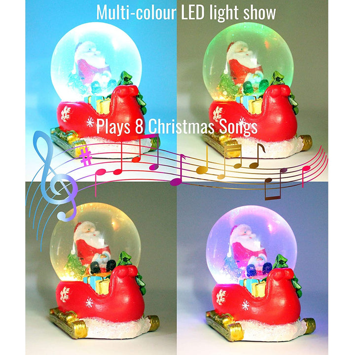 Enjoy the enchanting melody as you gaze upon Santa and a child sledging in this musical snow globe.
