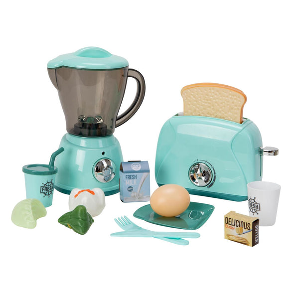 A green juicer and toaster playset with realistic features for kids' pretend play.