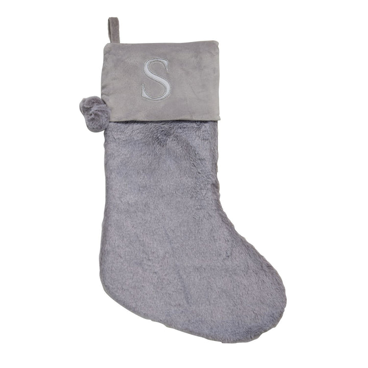 Light grey stockings with embroidered monogrammed letters A, J, L, M, or S, sized at 50cm tall and 27cm wide, enhancing your holiday decorations with a personalized touch.