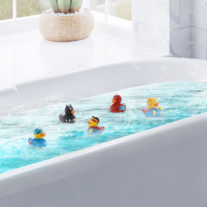 A dynamic scene featuring a pack of 5 Quackers superhero rubber ducks, each adorned with capes and masks, floating in a vibrant bath filled with bubbles.