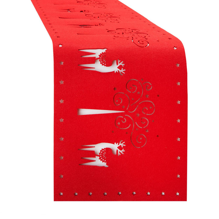 180cm long premium felt table runner with a charming cut-out design of reindeers under a starry winter night, enhancing your Xmas dinner ambiance.