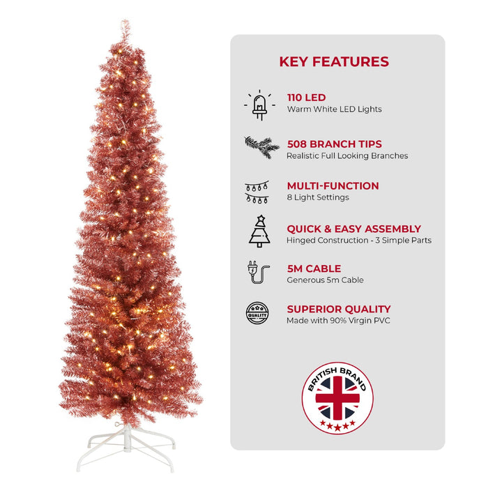 Create chic holiday decor with a 6ft Rose Gold Pencil Pre Lit Christmas Tree.