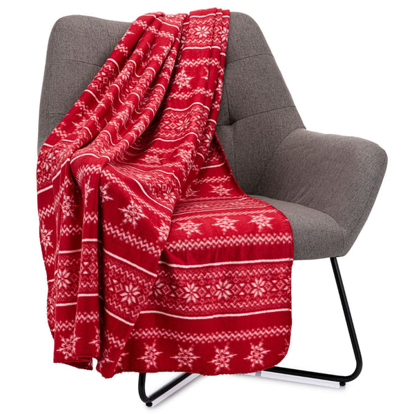 A vibrant red fleece throw blanket featuring a classic Scandi Nordic pattern, measuring 127 x 152cm.