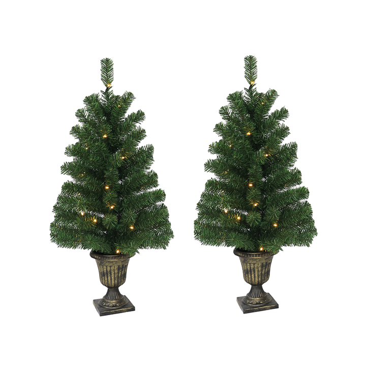 Two beautifully decorated 3ft Christmas trees with twinkling lights in ornate pots.
