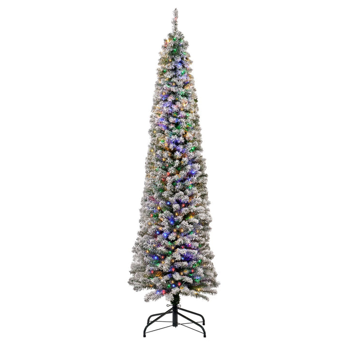 A slim 6ft flocked Christmas tree featuring a blend of warm white and multi-colored micro LED lights, adding a touch of elegance to your holiday decor.