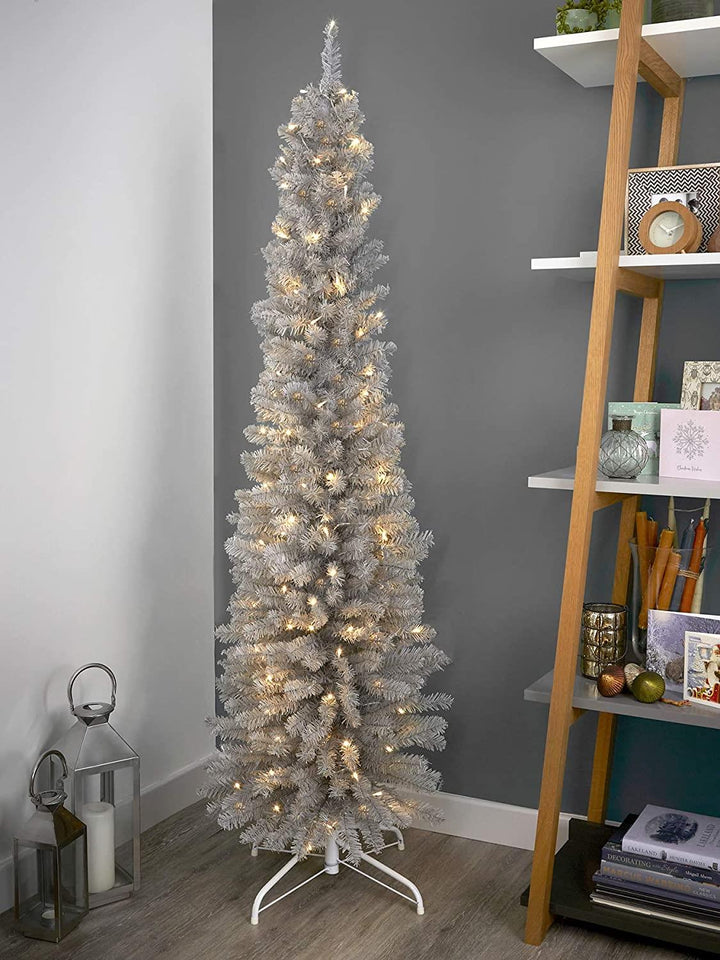 Embrace slim and stylish holiday decor with a 6ft Grey Pencil Artificial Christmas Tree.
