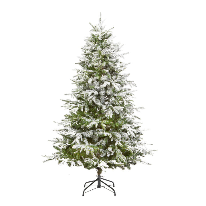 Experience the magic of the season with our 6ft flocked furry pine Christmas tree, glowing in the enchanting warmth of soft white lights.
