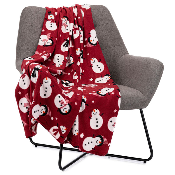 A cheerful red fleece throw blanket adorned with delightful snowman patterns, measuring 127 x 152cm.