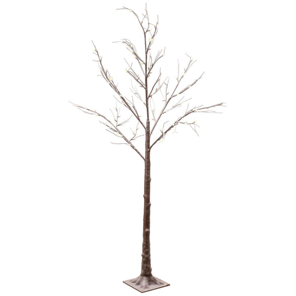 A 6ft Snowy Brown Twig Tree with Warm White Lights, beautifully adorned with snow, creating a warm and inviting winter ambiance.