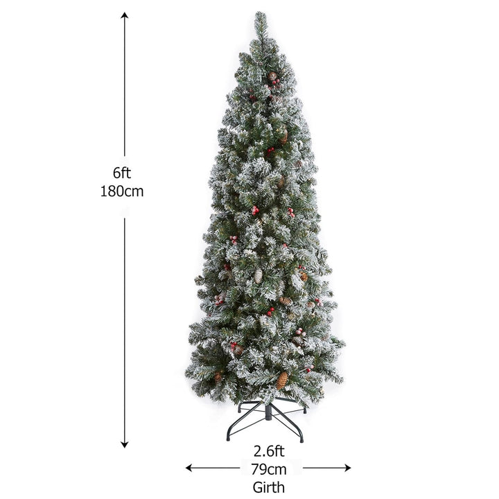 A stunning 6-foot Snowy Slim Windsor Christmas Tree adorned with pre-lit branches, creating a festive and enchanting holiday ambiance with its snowy decorations.