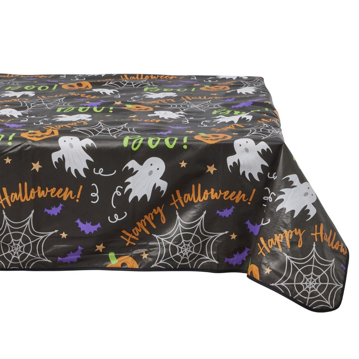 A collection of Halloween-themed PVC tablecloths featuring ghosts, pumpkins, and spooky designs.