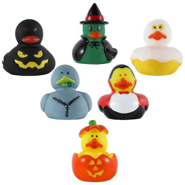 A close-up image of the entire 6-pack of Halloween rubber ducks.