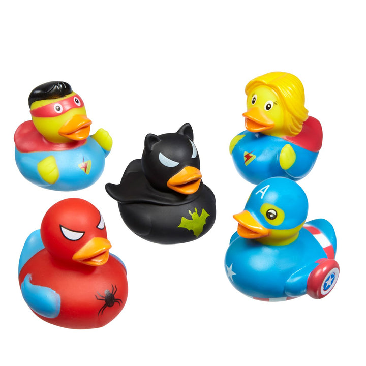 A set of five superhero rubber ducks displayed together.