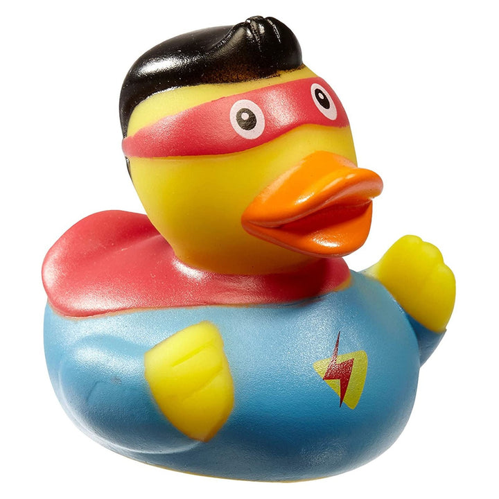 Superhero rubber ducks floating in a bath, sparking imaginative adventures for kids.