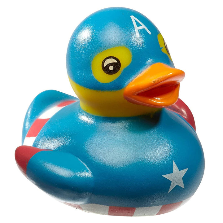 Superhero rubber ducks displayed as party favors for children's celebrations.