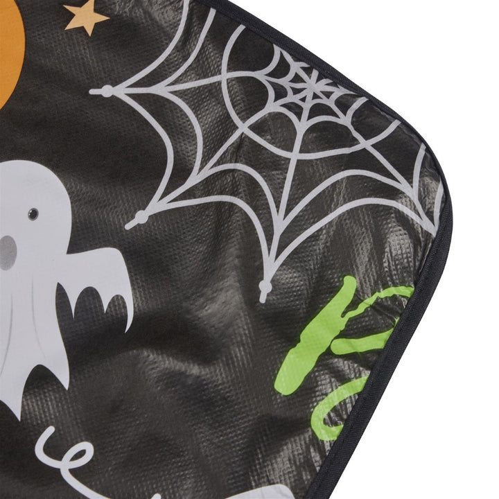 Colorful PVC tablecloths perfect for trick-or-treating events, showcasing candies, bats, and Halloween treats.