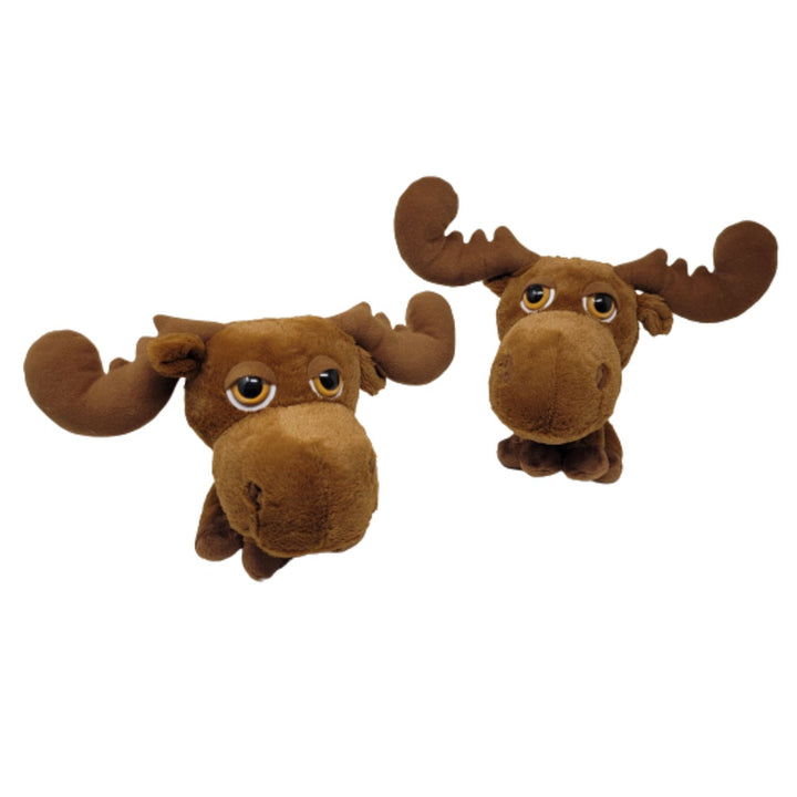 A close-up view of two cute brown reindeer plush toys, bundled together in a set of 2, perfect for cuddling.