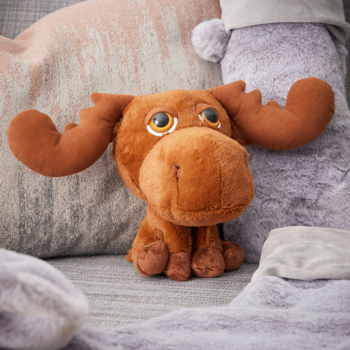 Two charming brown reindeer plush toys snuggled together. These soft and lovable companions bring a sense of warmth and joy to your living space.