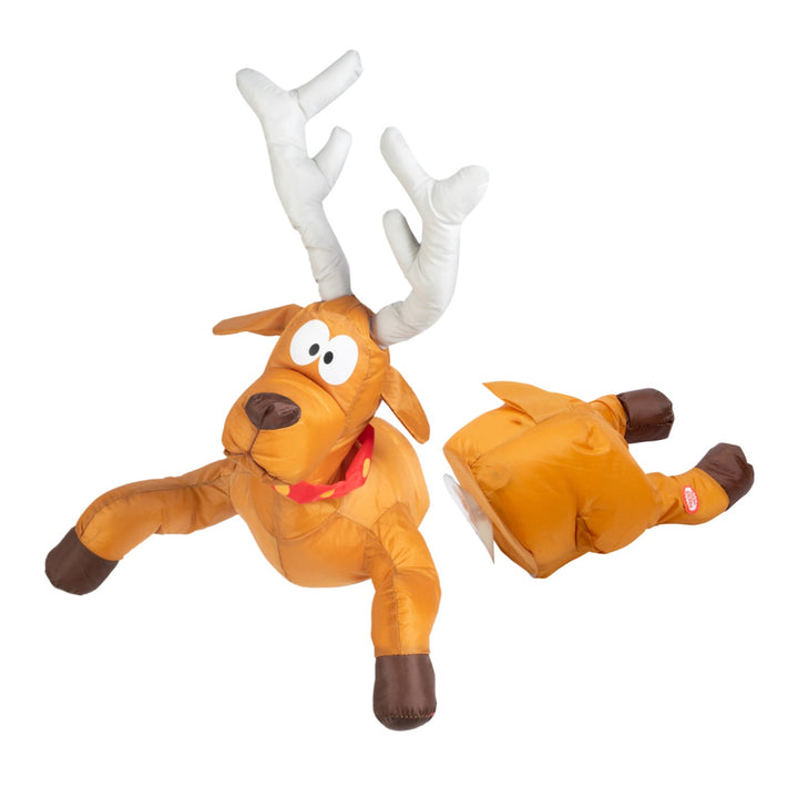 An animated Christmas window decoration featuring whimsical crashing reindeer.