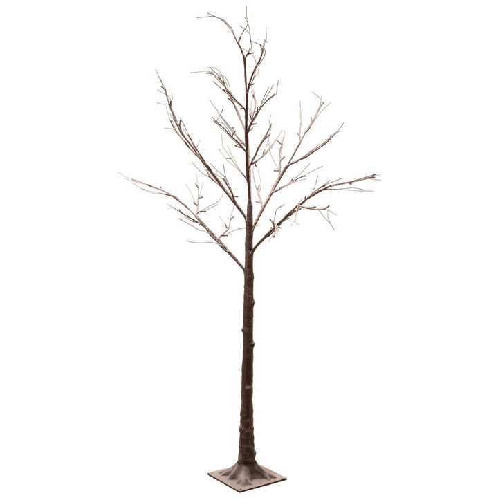Capture the magic of winter with this 6ft Snowy Brown Twig Tree adorned with warm white lights, perfect for creating a captivating winter wonderland