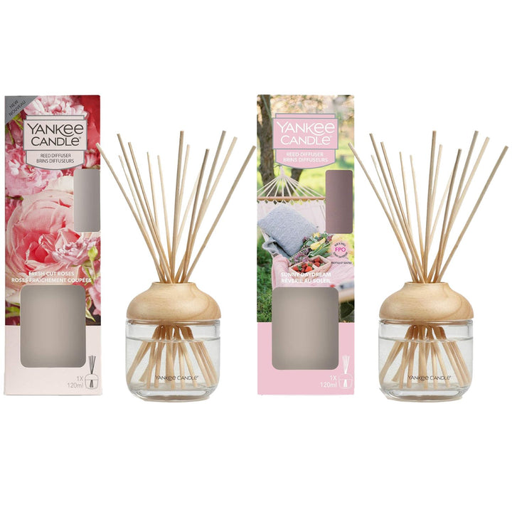 A Yankee Candle Fresh Cut Roses Reed Diffuser, exuding a romantic and floral aroma that fills your home with the essence of freshly cut roses in full bloom.