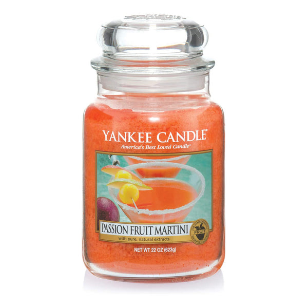 Image of a Yankee Candle large scented Passion Fruit Martini jar with a burn time of up to 150 hours.