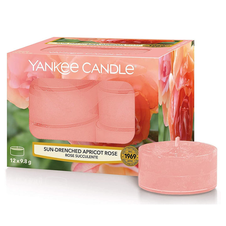 Elevate your ambiance with the elegant fragrance of Sun Drenched Apricot Rose in Yankee Candle Tea Lights.