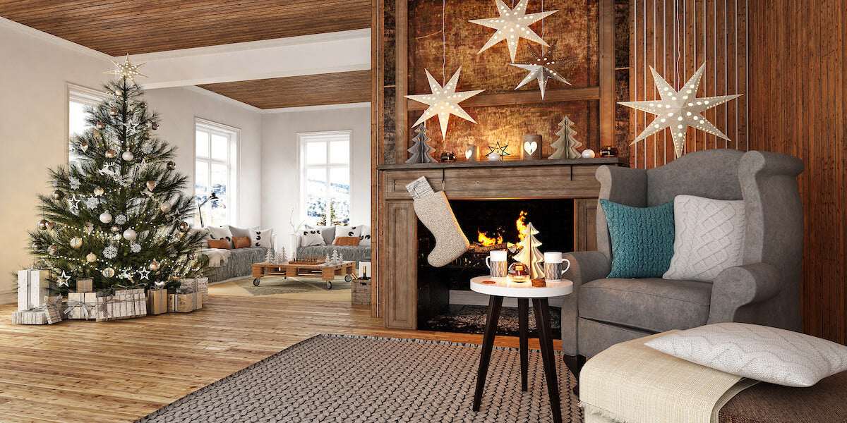 A cozy living room adorned with festive Christmas decorations.